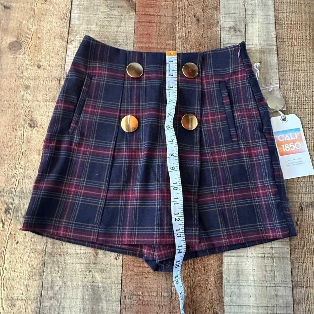 Cali 1850 Women's Blue Plaid Button Front School Girl Mini Skort Short Skirt -XS - Picture 3 of 9